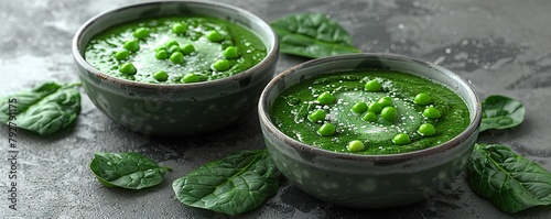 Two ceramic bowls with spinach cream soup with green pea and fresh spinach leaves on grey concrete background.