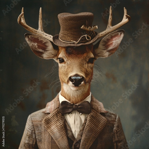 A sophisticated 3D photo-style image of a graceful deer dressed in elegant attire, complete with a stylish bow tie and hat, showcasing refined fashion