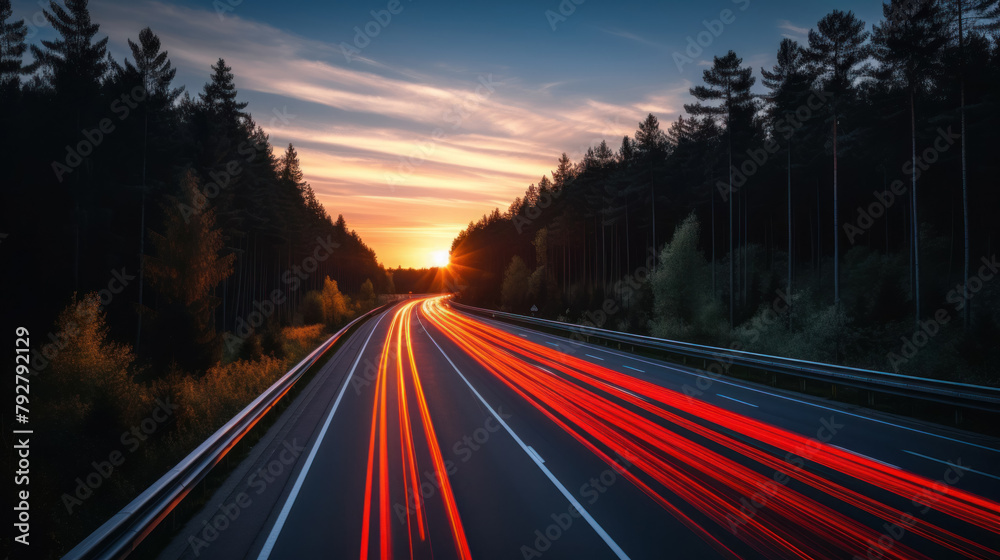 road with traces of headlights from cars, night road, traffic, transport travel, transport theme