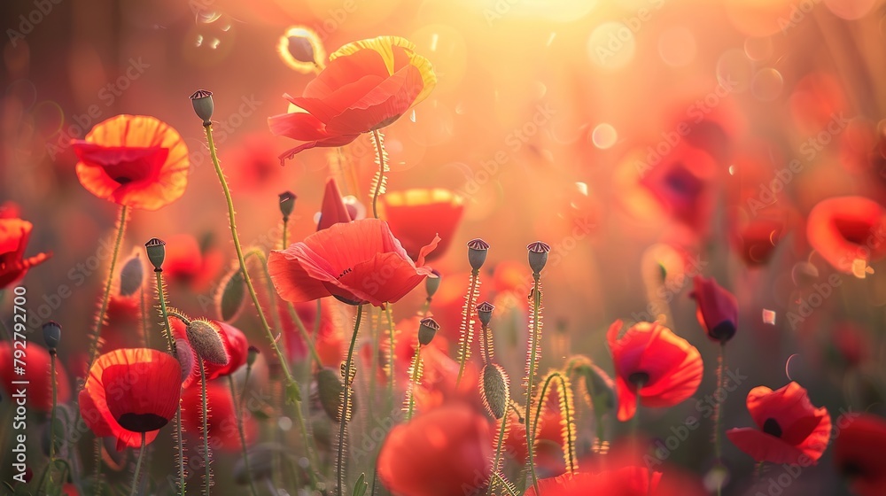 baby red poppies flowers, soft light effects under the spectrum of beautiful light