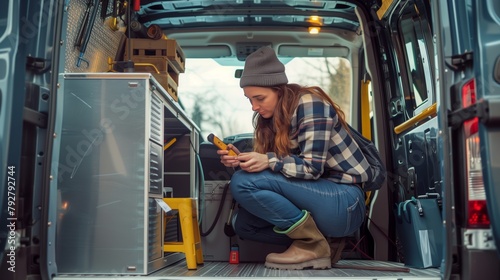 A female plumber woman in delivery van