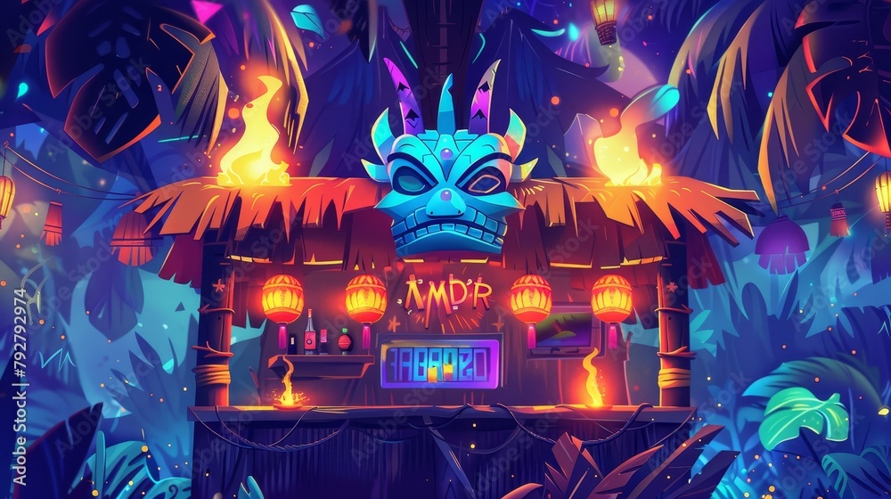 Cartoon web banner with tribal masks, torches, palm leaves, and a push button. Beach hut bar advertising with glowing fonts for an amusement establishment modern illustration. - obrazy, fototapety, plakaty 