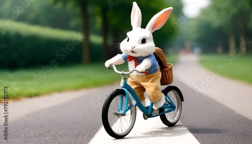A cute rabbit is riding a bike.