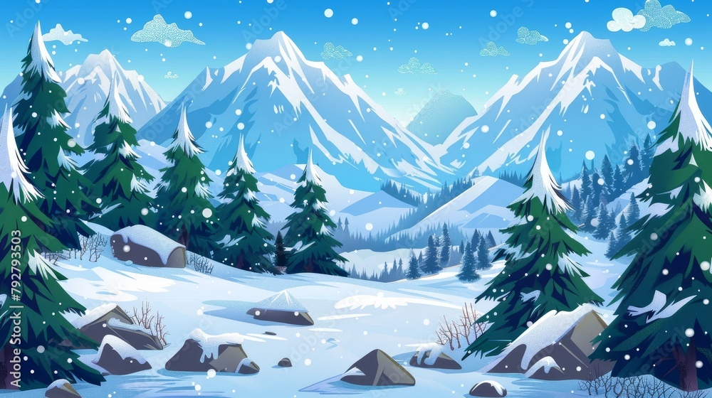 Mountain landscape in winter covered with snow. Resort, wild park or ...