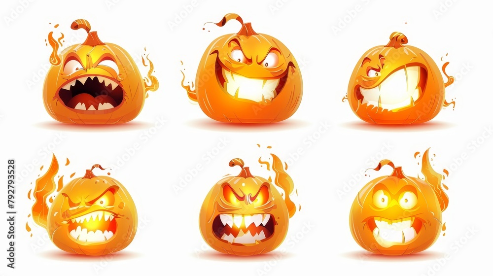A set of Halloween squash mascots laughing, jack-o-lantern cartoon character emojis, with glowing eyes and toothy mouths. A set of Halloween squash mascots laughing, jack-o-lantern cartoon character emojis, with glowing eyes and toothy mouths.