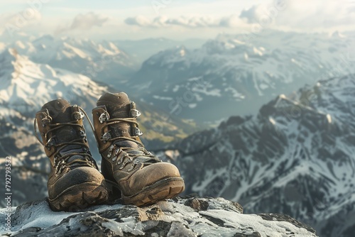 Hiking boots on top of a mountain, Trekking in the mountains, Ai Generated © Mediapro