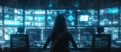 An agent of the government monitors a fugitive using a computer in a large room filled with computer monitors with animated screens. photo