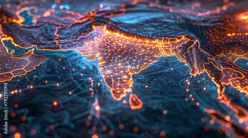 Digital map of Asia, concept of global network and connectivity, data transfer and cyber technology, business exchange, information and telecommunication