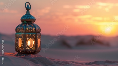 Ornate lantern in desert at sunset, warm glow.