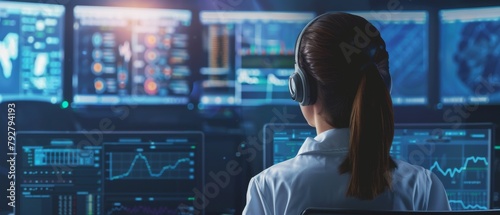 Working monitors show various information in the background while a female system engineer controls operational procedures.