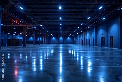 This large industrial space is lit by ceiling lights reflecting off the polished floor, with vibrant red and blue hues