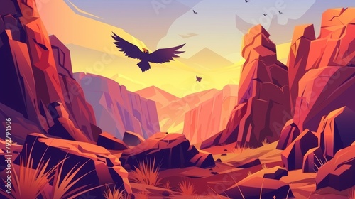 Cartoon rendering of a canyon scene with red mountains and a raven flying in it. Detailed modern illustration of a canyon scene with black wings and orange beaks, as well as stone cliffs and rocks. photo