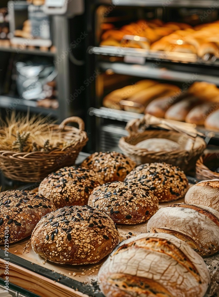 Freshly baked bread loaves with seeds and pumpkin seeds on top in an industrial bakery oven.