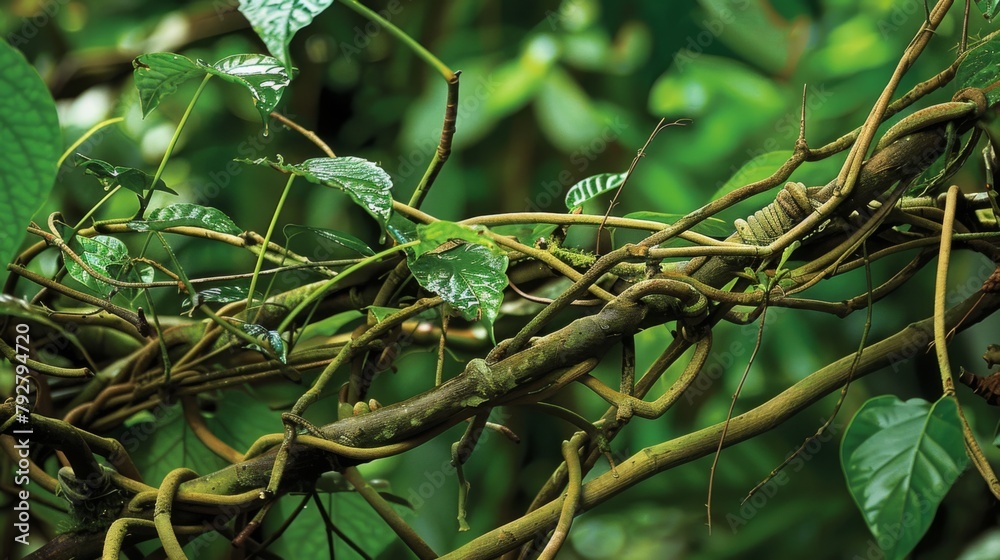 Jaguba vine twisting vines and lush green leaves on a natural background