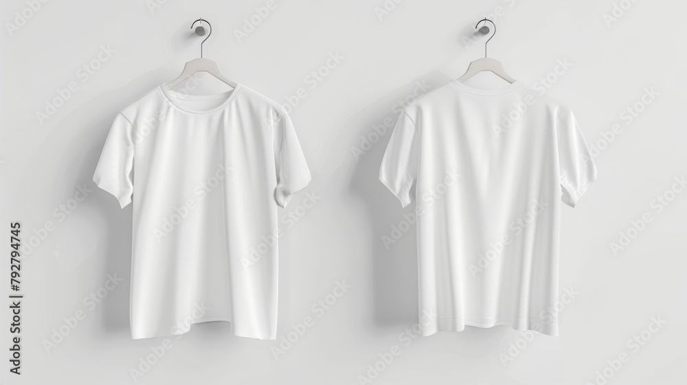 Mock-up of blank white t-shirts hanging on white wall, front and rear side views. Ready to be customized. Mock-up of blank white t-shirts hanging on white wall, front and rear side views. Ready to be customized.