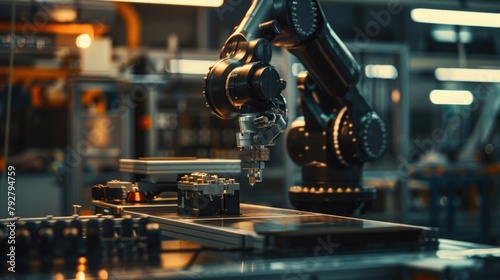 An advanced robotic arm, precision-engineered to perform delicate tasks with unparalleled accuracy and efficiency in a high-tech manufacturing facility.