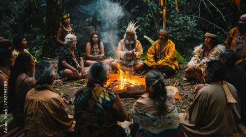 Shaman in the ceremony, participants sit in a circle around the sacred fire or ceremonial altar
