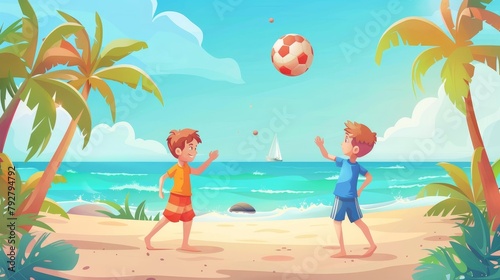 Modern landing page of cartoon boys playing with ball on sand ocean shore during summer vacation. Concept of relaxing, fun and leisure time.