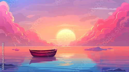 Floating wooden skiff floating under pink sky on calm water surface, sidescroller for game, Cartoon modern illustration. photo