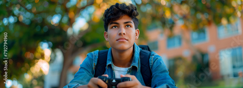 Hispanic student gamer with backpack at university: A young teen's digital escape