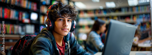 Hispanic student gamer at university: Young backpack-wearing teen immersed in video game action photo