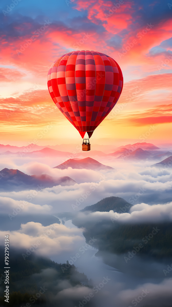 Obraz premium Hot air balloon flying over beautiful landscape