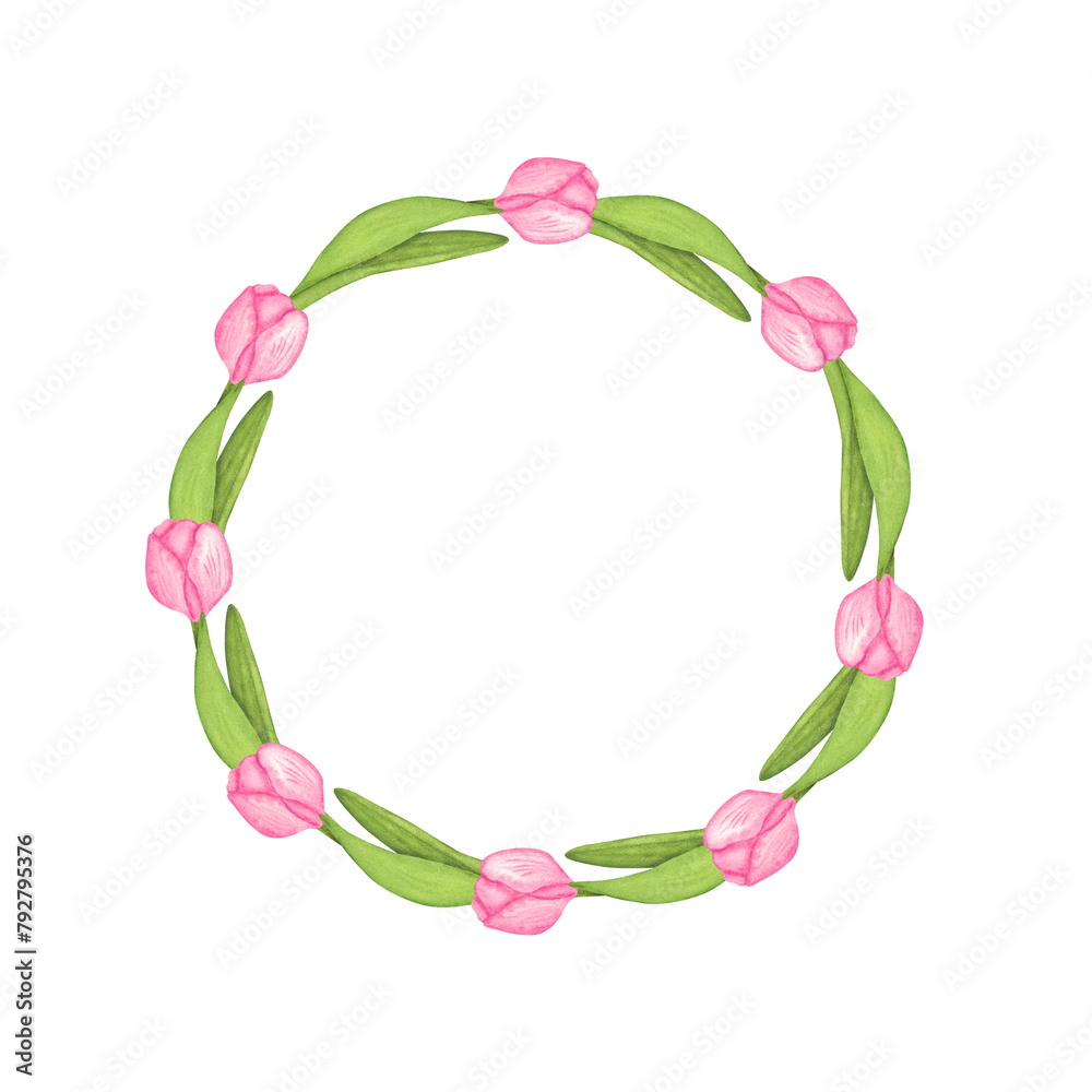 Circle frame of watecolor tulips. Hand painted pink tulips. Tulip illustration for birthday, invitations, logo, mother's day, women's day Circle frame of watecolor tulips. Hand painted pink tulips. Tulip illustration for birthday, invitations, logo, mother's day, women's day
