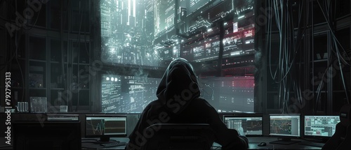 This is a shot from the back of a hooded hacker breaking into corporate data servers from his underground hideout. The atmosphere is dark, there are multiple monitors, and cables abound in the area. photo