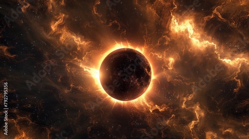 3D rendering of a solar eclipse, with the moon perfectly aligned with the sun, blocking its light