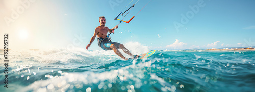 Adventurous young man gliding across the waves while kitesurfing in the ocean