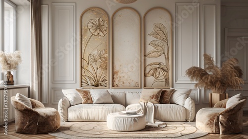 Panel wall art with champagne marble and sophisticated Art Nouveau floral patterns in muted gold