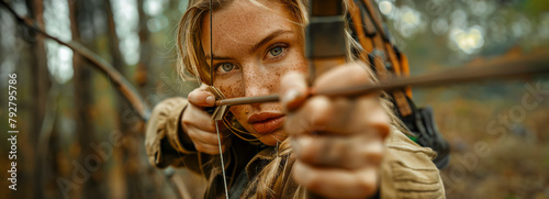 Blonde archer in the forest: A stunning huntress taking aim with her bow