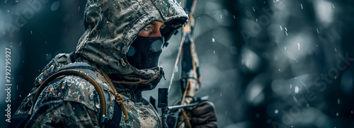 Stealthy Archer: Close-up of Hunter in Camouflage with Modern Bow photo