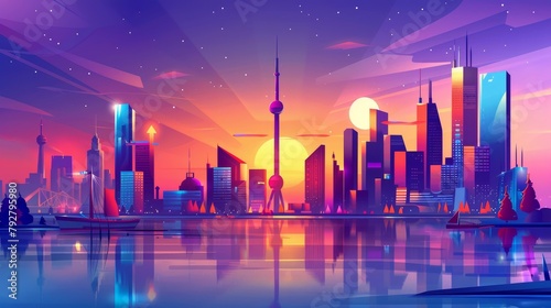 City skyline architecture near waterfront  modern megapolis with skyscrapers under purple sky 2D separated layers for game animation  cartoon modern illustration.
