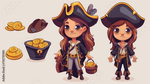 Cartoon illustration depicting a ghost pirate girl holding a precious gem stone and golden coins, an ancient fantasy character in a filibuster costume, ancient fantasy character, spook buccaneer.