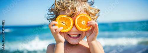 Joyful kid at seaside, giggling with eyes hidden by orange slices in hand, embodying carefree summer break vibes