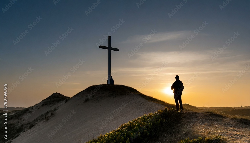 The Person Praying and Worshipping God among the Wooden Cross on The Desert.
