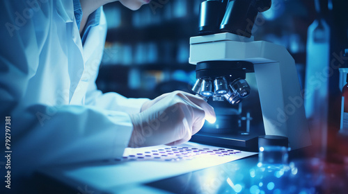 A detailed view of a medical researcher examining samples under a microscope in a laboratory, focusing on innovation and scientific discovery in medicine