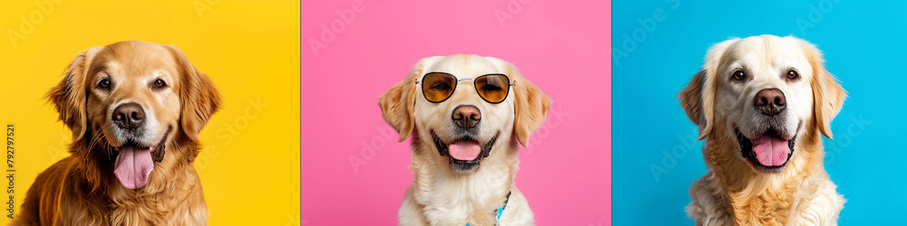 A series of dog portraits against bright, colorful backgrounds. Golden retriever in a yellow, pink and blue frame.