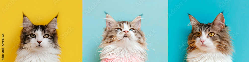 A series of cat portraits against bright, colorful backgrounds.