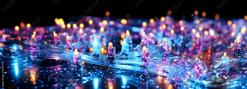Fototapeta premium Fiber Optic Cables Aglow: High-Speed Data Network, Created with Generative AI Technology