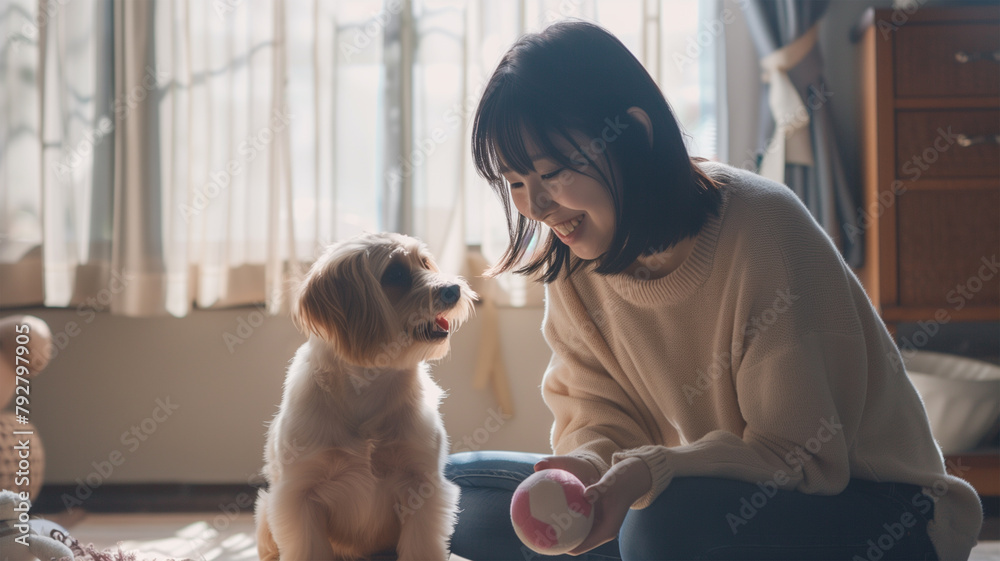 犬とボールで遊ぶ若い女性 犬とボールで遊ぶ若い女性