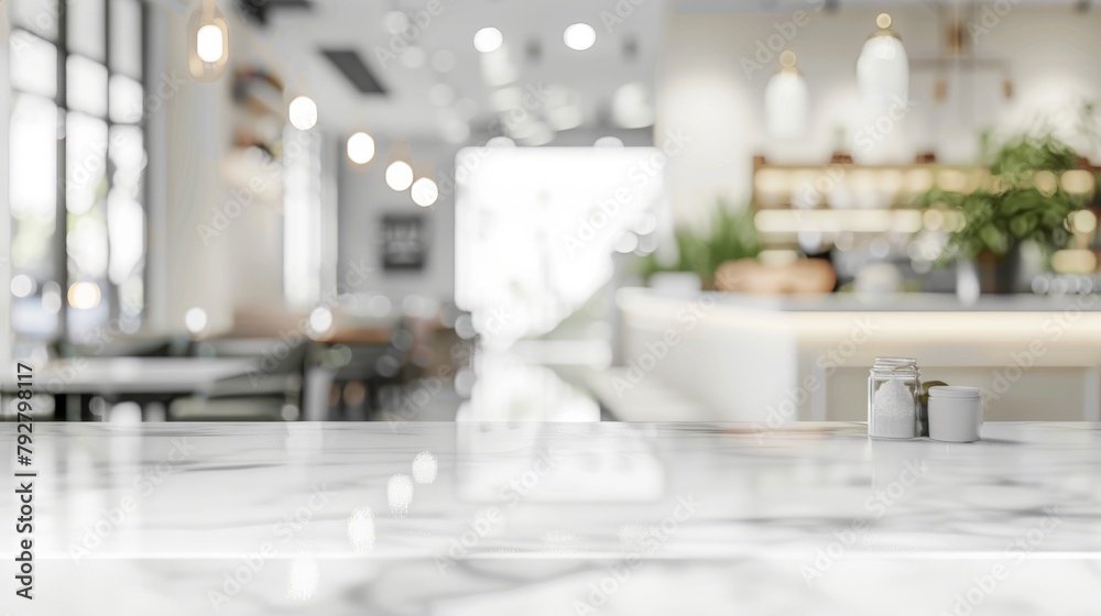 An empty white table top, counter, and desk background against a blur perspective bokeh light background, a white marble stone dining table, shelf, and a blurred kitchen restaurant for product