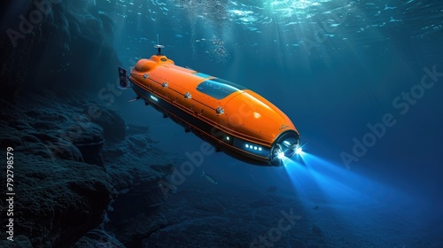 An autonomous underwater drone, exploring the depths of the ocean with advanced sonar and imaging systems for marine research and underwater exploration. photo