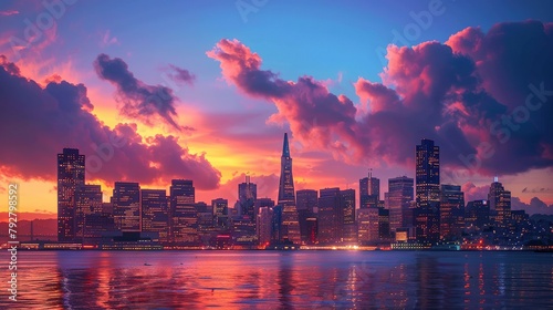 city downtown skyline at sunset, beautiful orange lights, epic view, colorful clouds