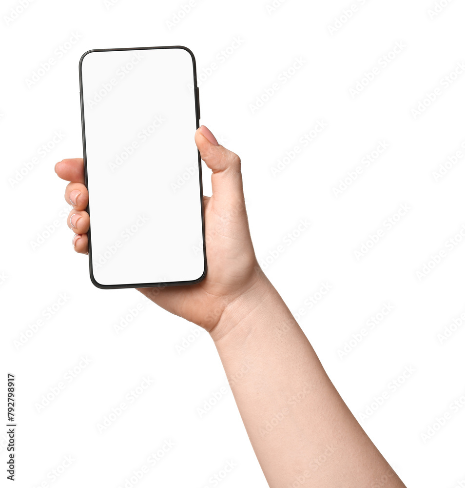 Woman holding smartphone with blank screen on white background, closeup. Mockup for design