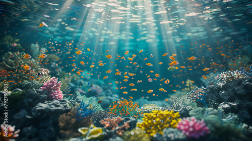 3D visualization of a serene underwater world, coral reefs bustling with colorful fish, sun rays filtering through water,