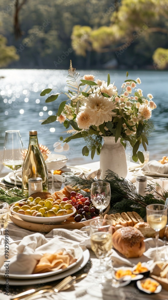 Secluded Lakeside Picnic Romantic Setting with Gourmet Spread Ideal for Lifestyle Magazines
