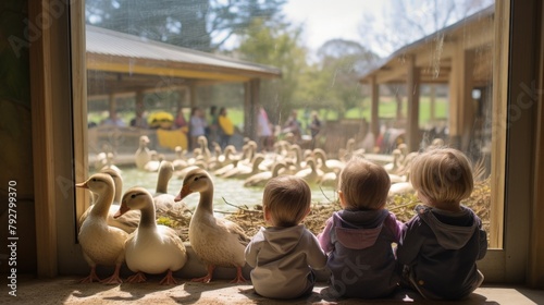 Four children and four ducks sit on a ledge and look out at a petting zoo.