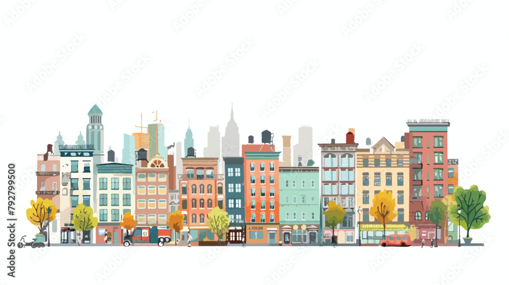 City street panoramic. City life set buildings. vector